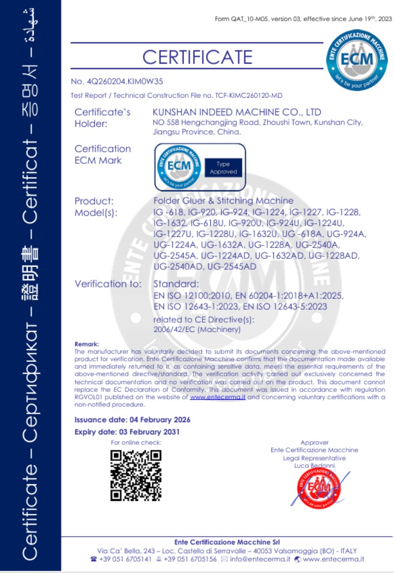 kunshan indeed folder gluer ce certificate